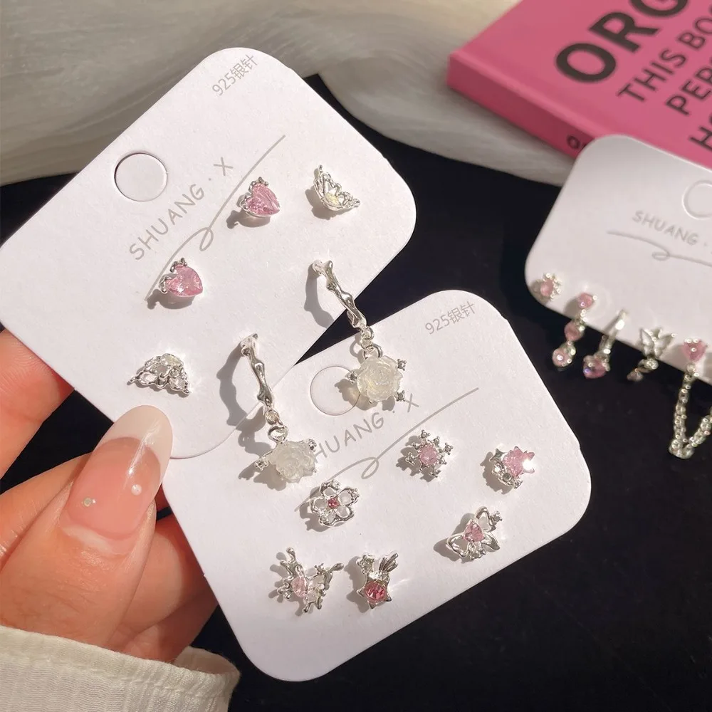 3pcs Set Exquisite Sweet Geometric Flower Pink Star Heart Zircon Tassel Stud Earrings for Women Fashion Daily Wear Jewelry Sets