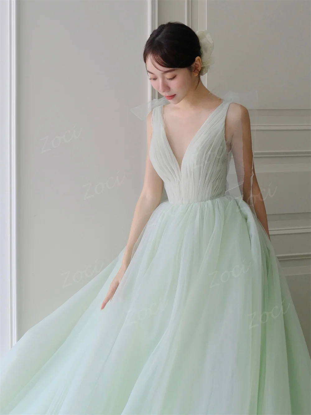 Zoci Mint Green Korean Wedding Dresses Spaghetti Straps Pleated Fluffy Bridal Gown Luxury Party Dresses for Women Customized