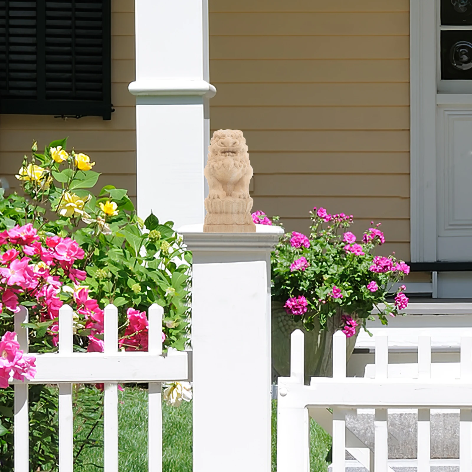 

Lion Post Finials Unfinished Wooden Guardian Lion Finial Decorative Garden Fence Post Top for Outdoor Feng Shui Bridge Decor