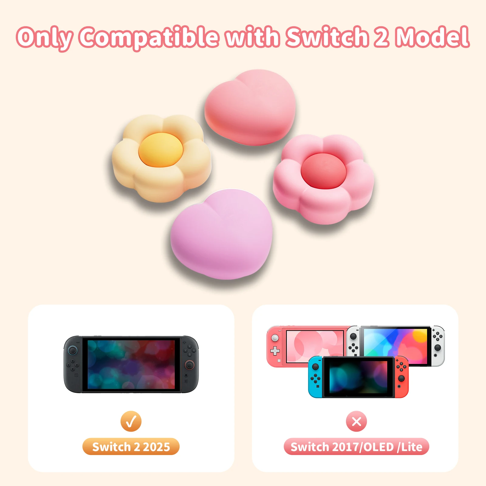 GeekShare 4PCS Thumb Grips Compatible with Switch 2, Anti-Slip Silicone Switch 2 Joystick Caps,Heart & Flower