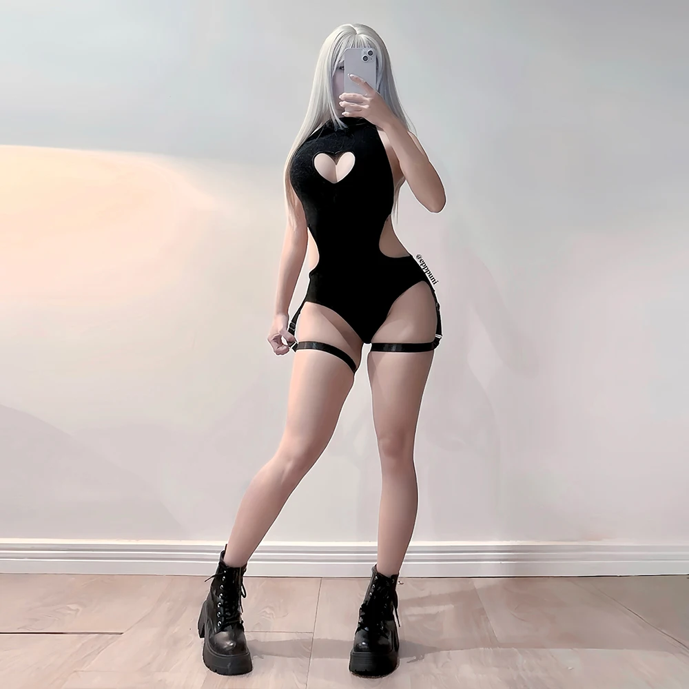 KORURACLUB vrouwen zwarte lingerie breien backless bodysuit corset Hartvorm top sexy egirl jumpsuit rollenspel bodysuit