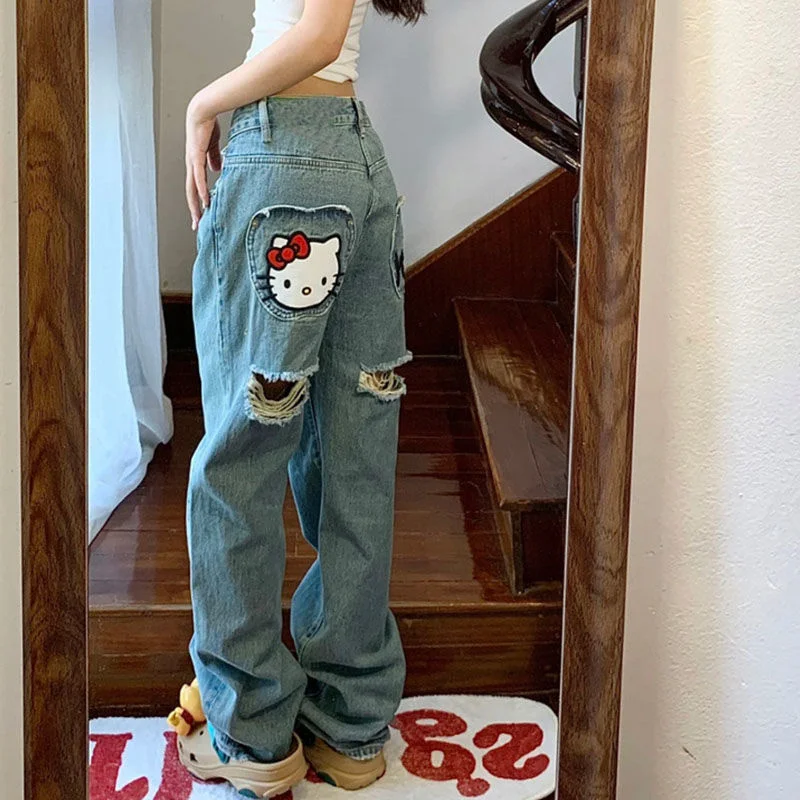 Sanrio Hello Kitty Y2k Denim Pants Women Jeans Fashion Wide Leg Pants Streetwear Vintage Trousers Female Anime Straight Jeans