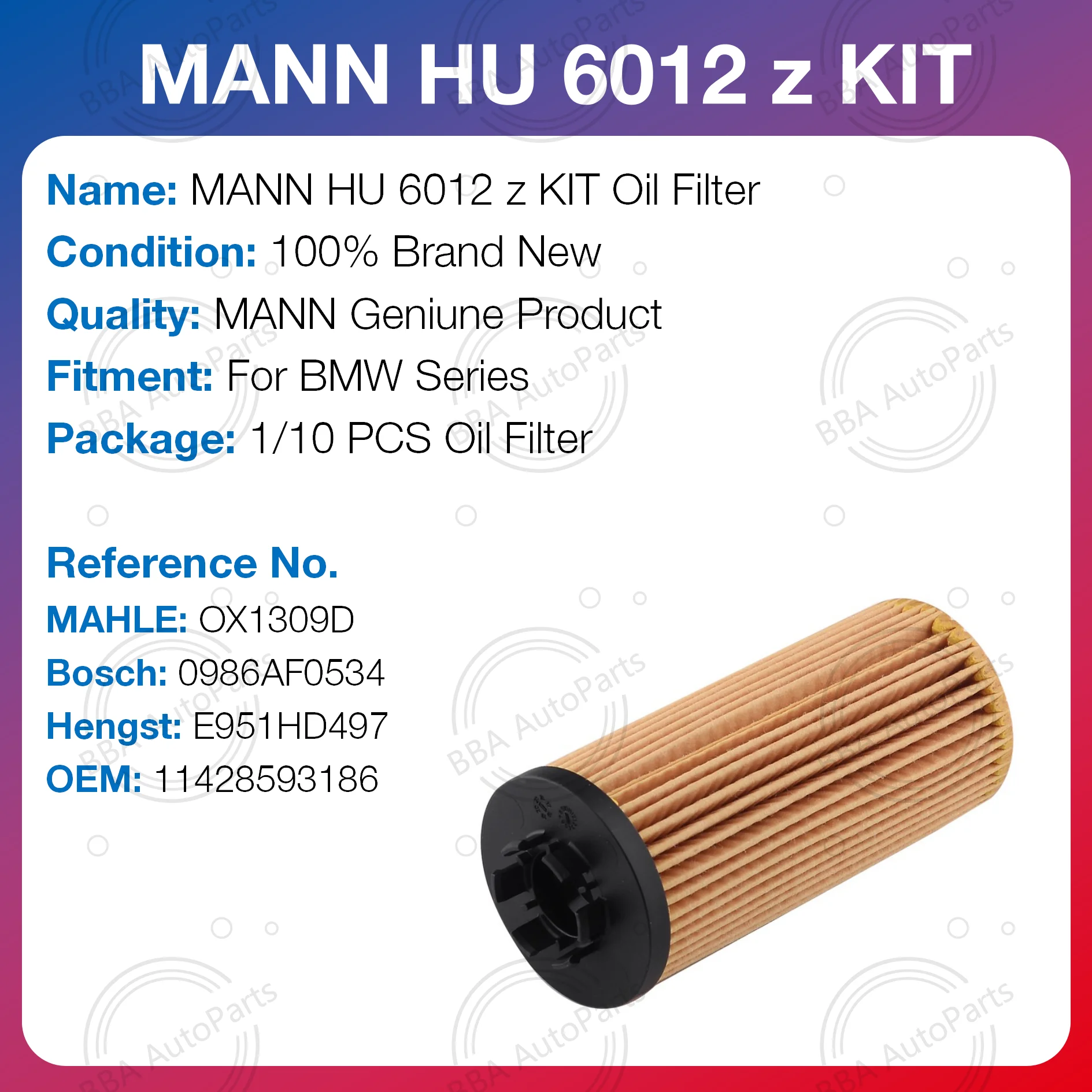 Mann HU6012Z Kit filtro olio per BMW X1 120i 125i X2 218i 220i 225i OE 11428593186   - Parte di manutenzione automobilistica