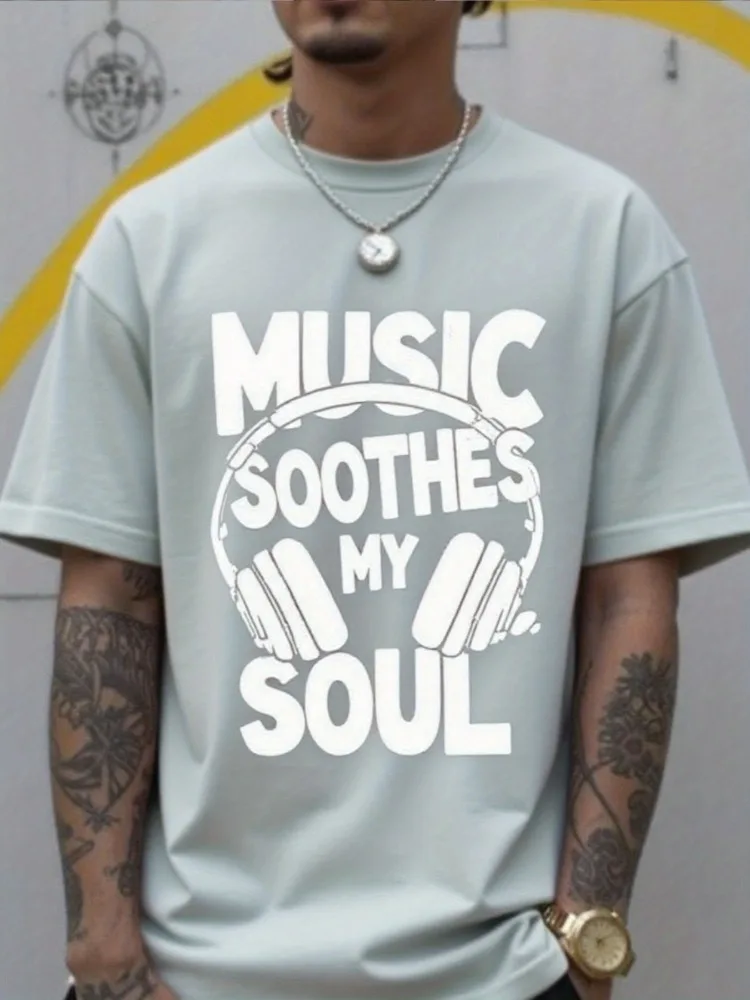 Men Summer Cotton Short Sleeve T Shirt Music Soothes My Soul Headphone Letter Print Crew Neck Hip Hop Music Casual Male Tee