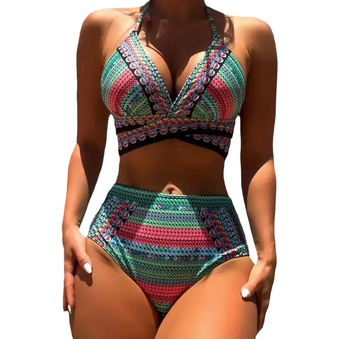 Women Bathing Suit 3 Piece Swimsuit Kimono Cross Wrap High Waist Bikini Beach Cover Up Swimwear Africa Print Bathing Suit Beach