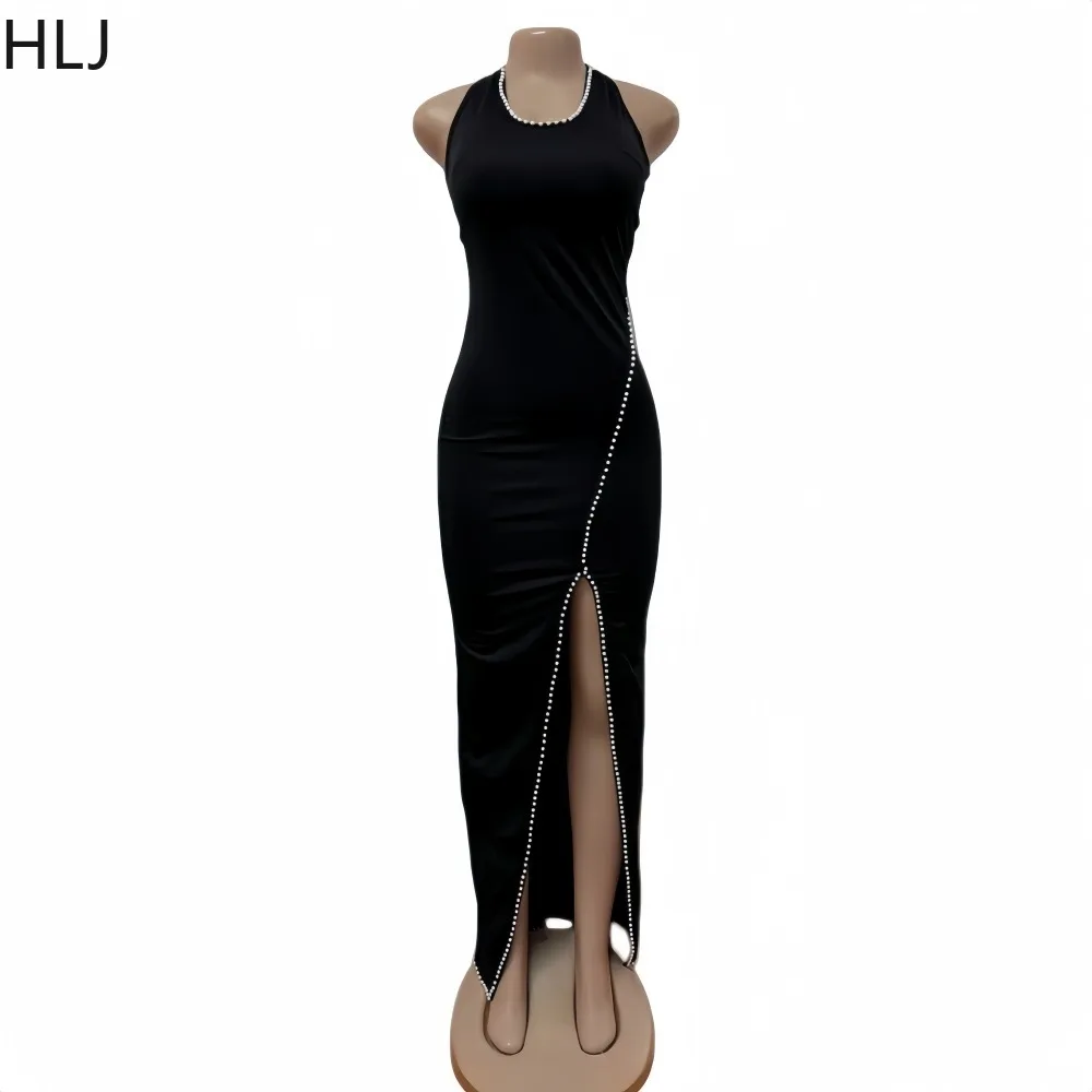 HLJ 우아한 진주 패치워크 바디콘 드레스 여성용 홀터 슬리브리스 백리스 불규칙 드레스 여성 스트리트웨어 베스티도스 신상품