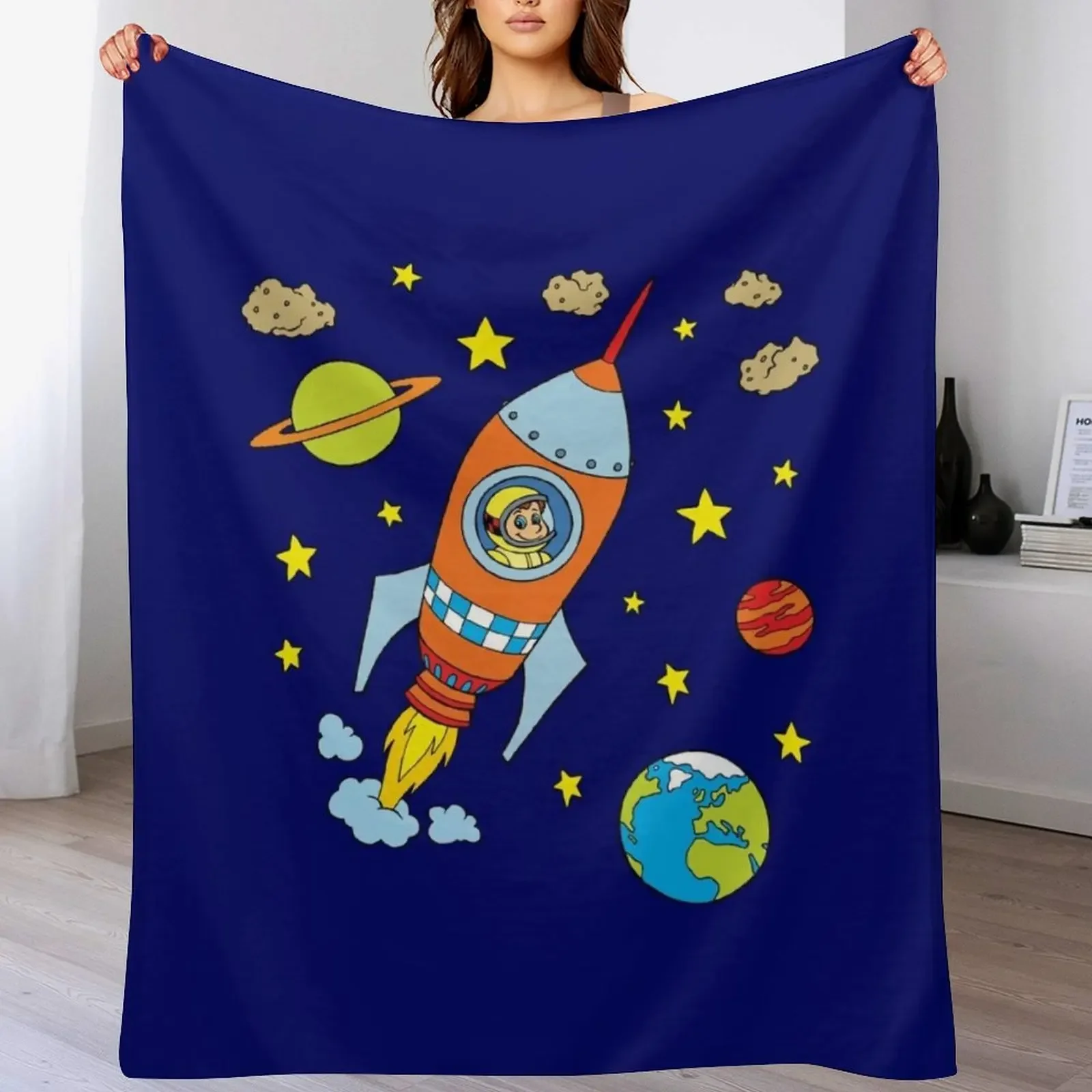 Manta de peluche suave y afelpada con diseño de cohete espacial, cohete lunar, nave espacial y astronauta para dormitorio y sala de estar
