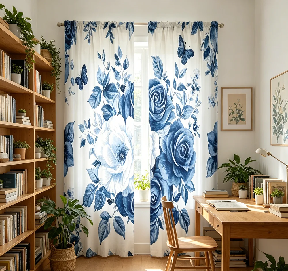 2PCS Digital Printed Curtains, Blue Porcelain Rose Chinese Oriental Ceramic, Home Decor Style for Living Room Bedroom Decor
