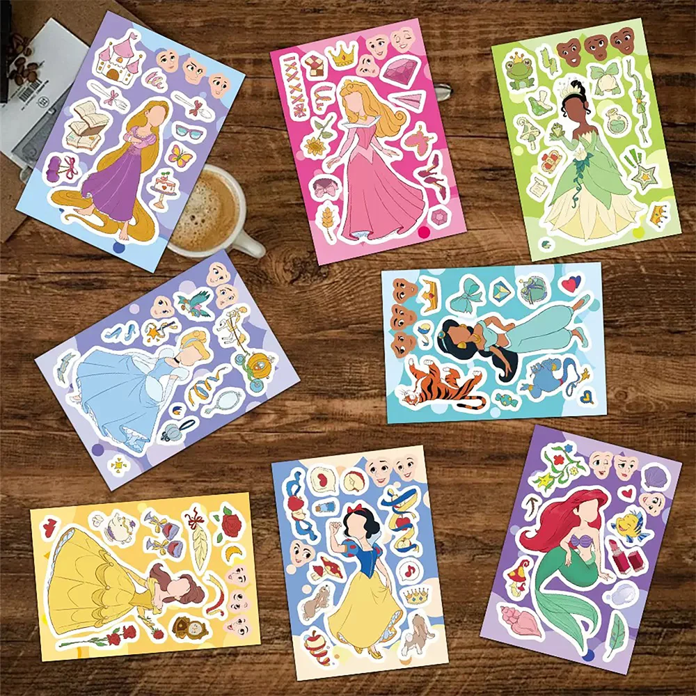 8Sheets/Set Disney Cartoon Princess Puzzle Stickers For Scrapbook Guitar Luggage Stickers Parent-Child Interactive Toys Stickers