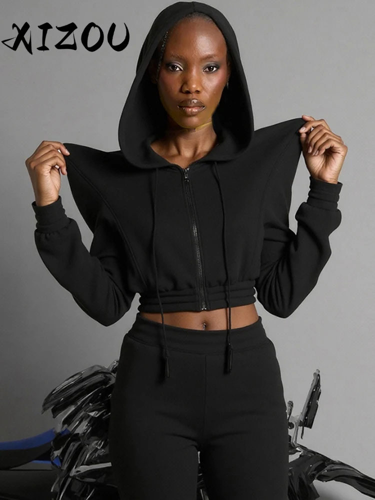 

XIZOU Autumn Horn Women Crop Jacket Hipster Full Sleeve Zip Street Y2K Festival Wild Hooded Casual Basic Elastic Waist Coat