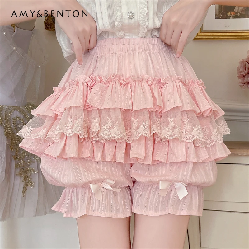 

Japanese Sweet Cute Lolita Leggings Summer New Kawaii Bow Lace Stitching Elastic Waist Wide Leg Pants All-Match Slimming Shorts