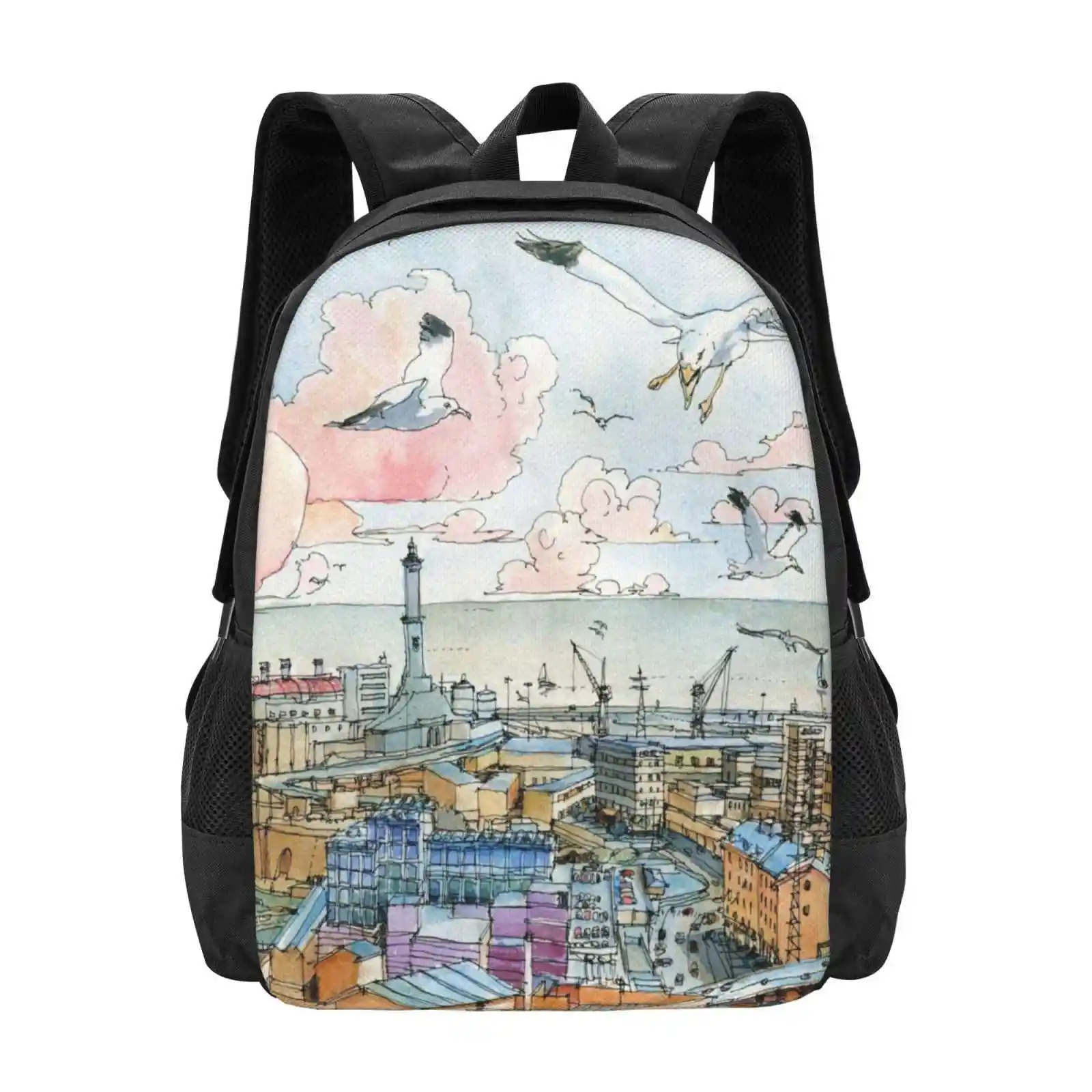 Genova E La Lanterna Hot Sale Schoolbag Backpack Fashion Bags Genoa Genova Historical Monuments Panoramic Landscapes Watercoror