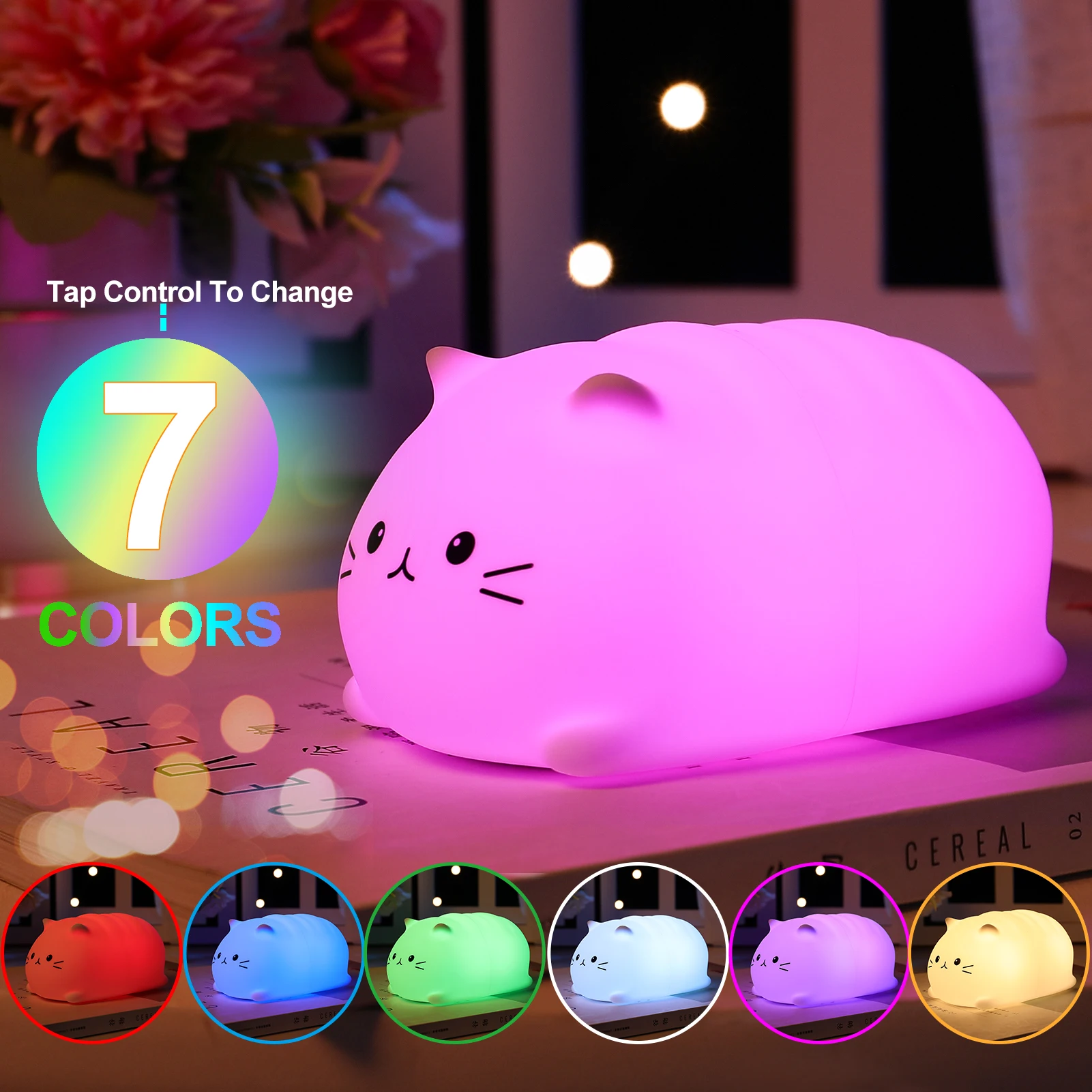 Soft Cat Led Night Light Rechargeable Eye Protection Bedroom Bedside Silicone Lamp For Children Kids  Kitten Baby Gift