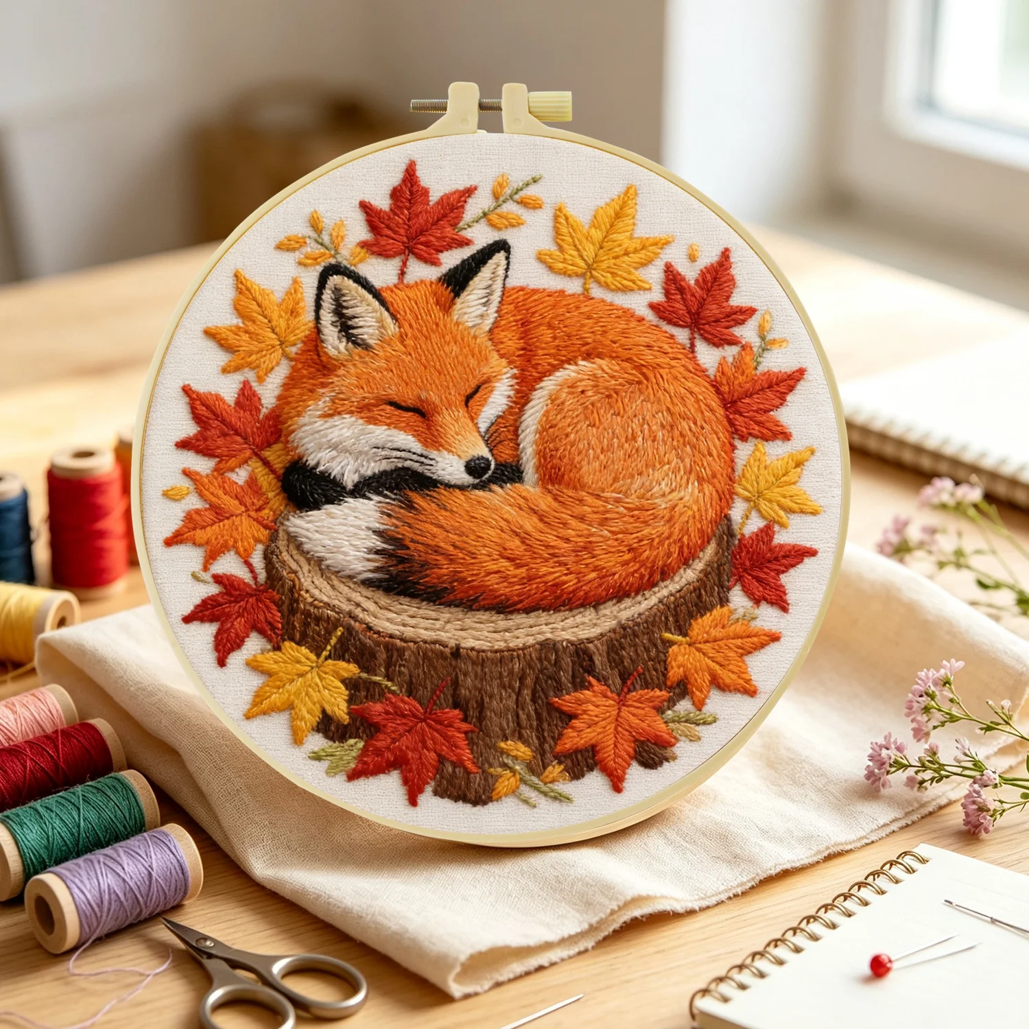 1Set Fox Curled Sleeping Diy Embroidery Kit For Beginner Embroide Starter Kit Cross Stitch Art Gift Needlework Craft