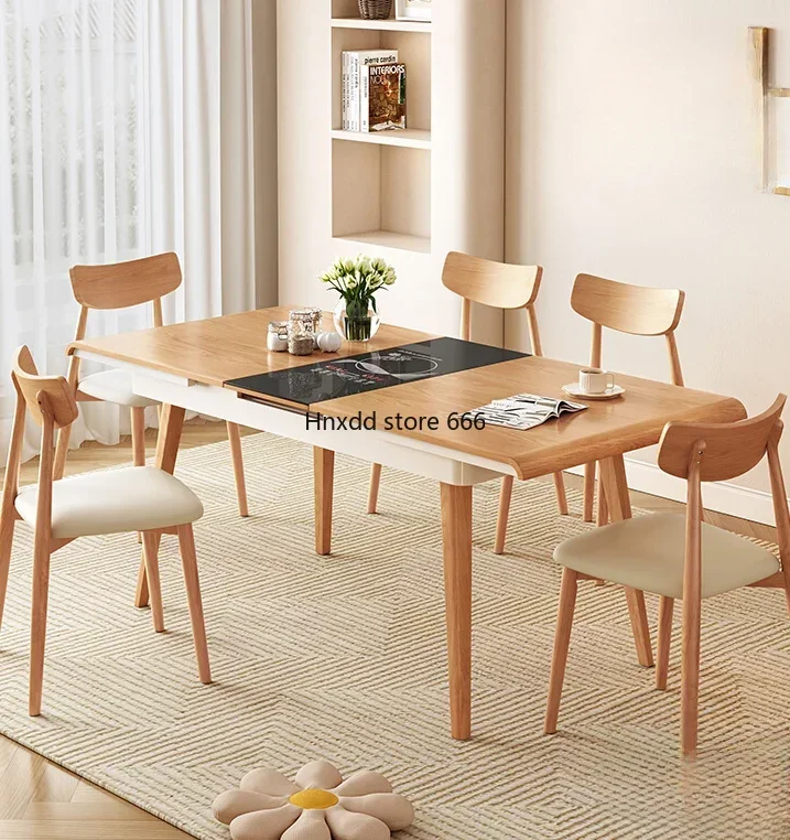 Nordic solid wood small apartment retractable induction cooker dining table and chair combination