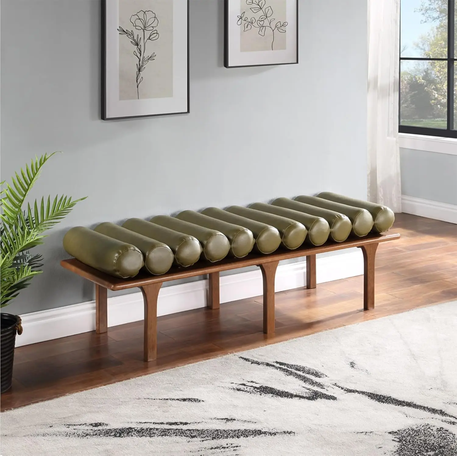 Furniture 22009Olive Landon Collection Art Deco Bench with Soft Vintage Olive Green Vegan Leather and Solid Wood with