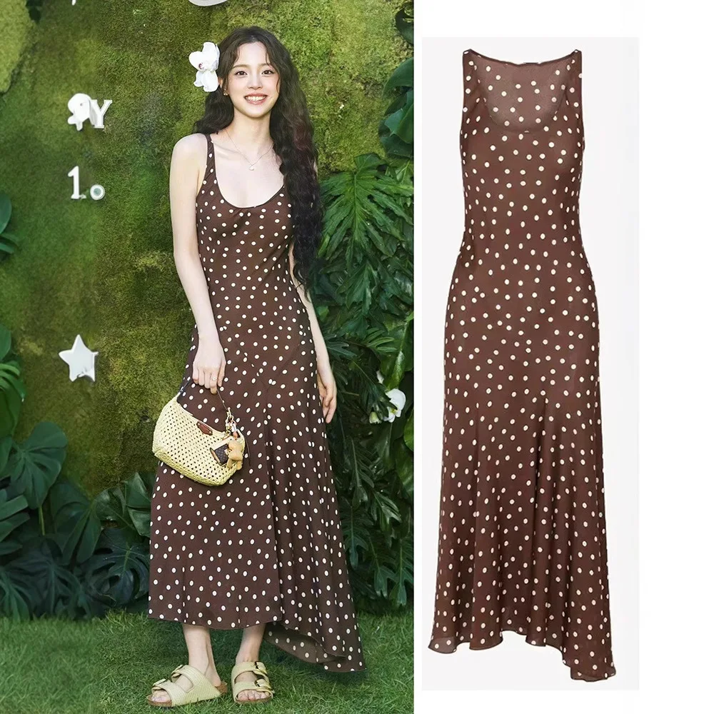 

French retro polka dot sleeveless slim-fit cami long dress, seaside vacation style