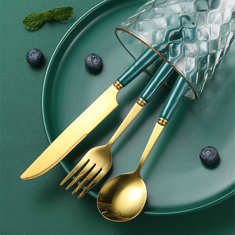Ceramic Handle Stainless Steel Spoon Fork Steak Knife Tableware Green Golden Teaspoons Home Cutlery Set New Kitchen Utensils