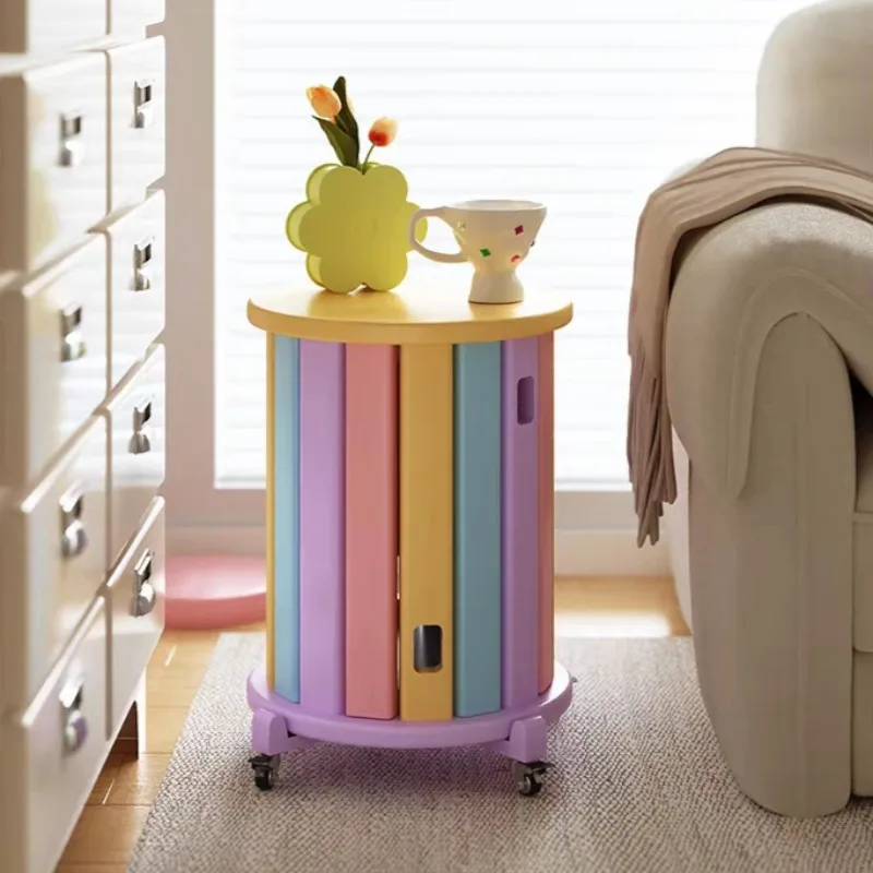 Solid Wood Stool, Colorful Dopamine Style Stackable Round Stool with Wheels & Storage, Multifunctional Ottoman and Side Table