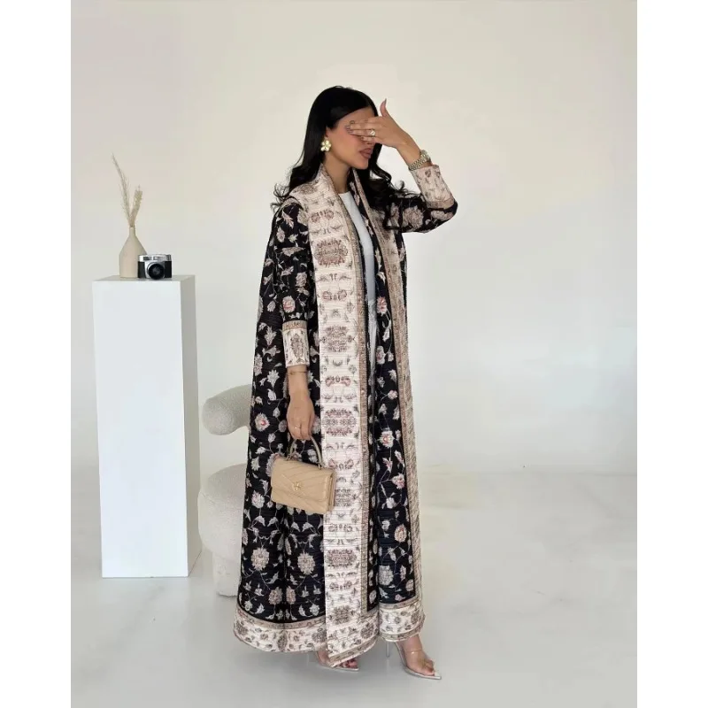 KAF Women Large Size Abaya 2025 Spring  Autumn New Retro Printing Cardigan Tie Original Design Dubai Luxury Female Abaya