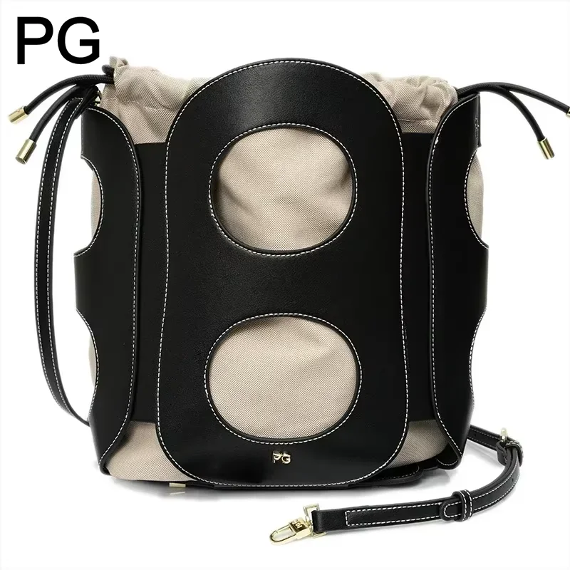 PG Metal Stud Feet Double Circular Cutout Bucket Bag Women Drawstring Closure Detachable Strap Minimalist Daily Purses