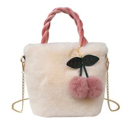 Bolso hombro felpa con colgante cereza para mujer y niña, bolso mano