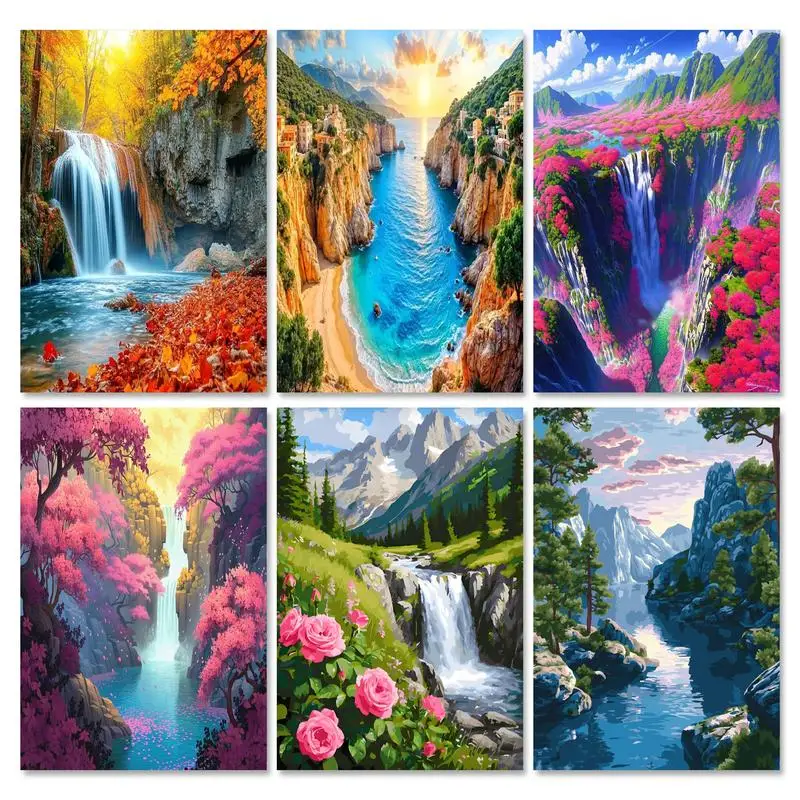 Dipinto a Cascata con Numeri, Pittura Decorativa Paesaggistica per Adulti e Principianti, Quadro Dipinto a Mano con Numeri