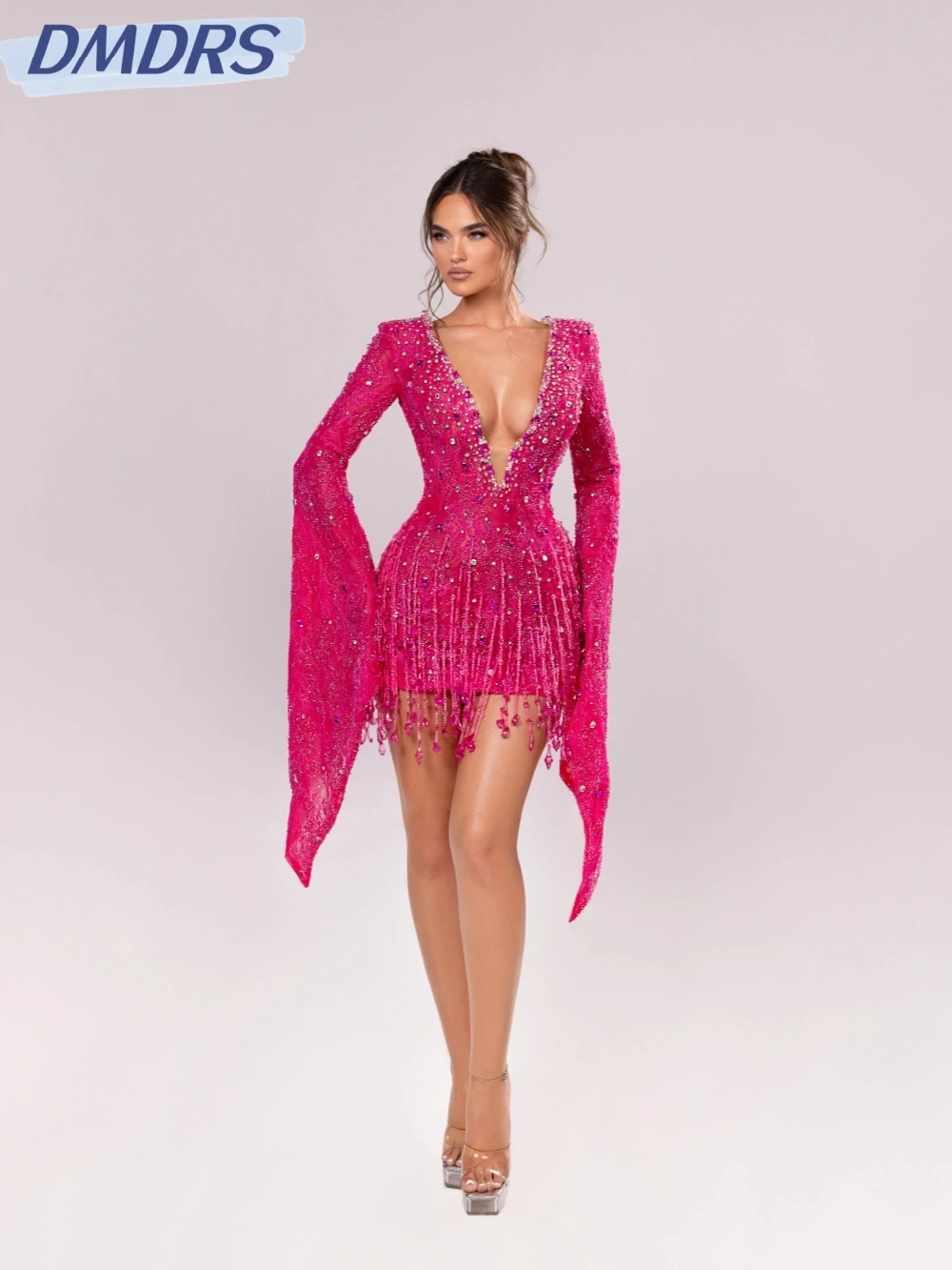 

Exquisite Beaded Tassel Mini Evening Dress Sexy Deep V-neck Flare Sleeve Wedding Party Gown New Customized Lace Prom Dresses