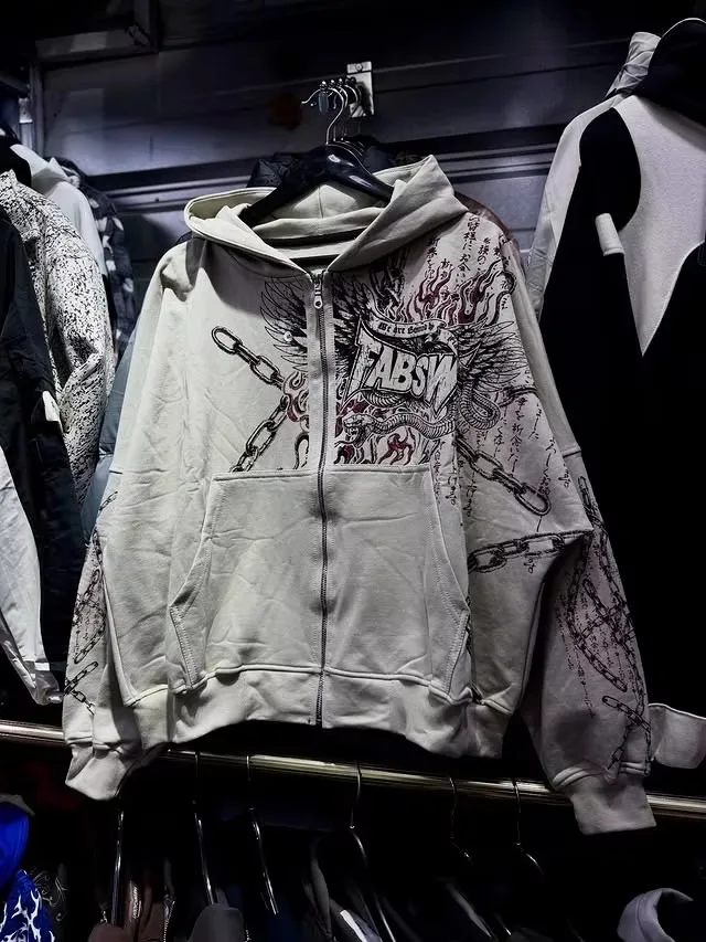 2026 Vintage Gothic Totenkopf Kreuz Flügel Reißverschluss-Hoodie Unisex Oversized Langarm Y2K Heavy Metal Punk Streetwear Jacke für Kinder – Detail 11