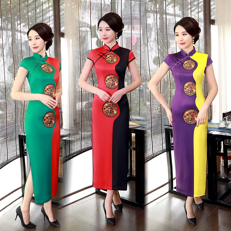 

Новый длинный облегающий костюм Cheongsam в китайском стиле больших размеров, одежда для мам на каждый день