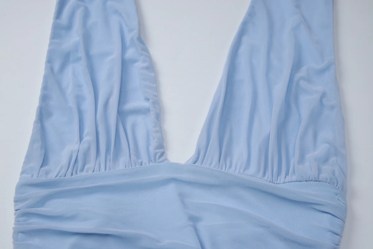 Hugcitar Elegantes Maxikleid mit V-Ausschnitt, gerafftem Rücken, Schnürung, Patchwork-Mesh, sexy Plissee, für Strand, Urlaub und Party – Detail 6