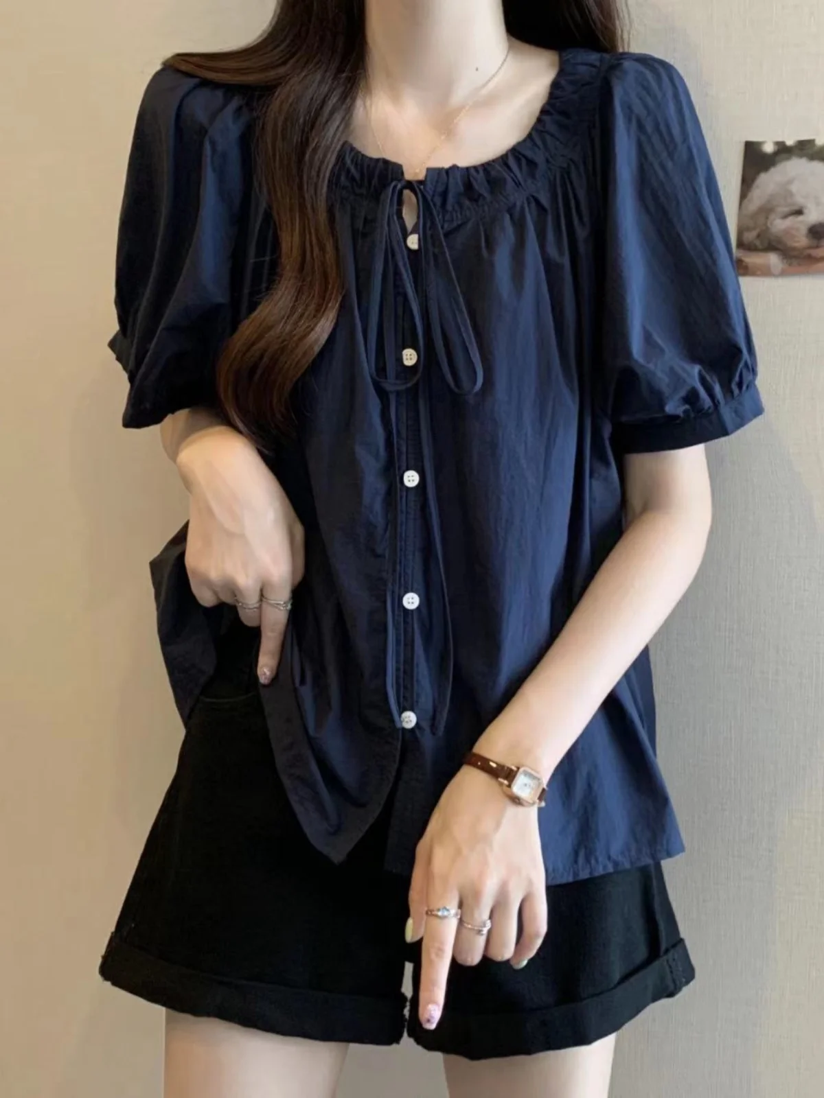 

Slimming Bubble Sleeve Short Sleeve Base Layer Shirt Women's Summer plus Size Conceals Belly Doll Top Korean Style Loose Fit