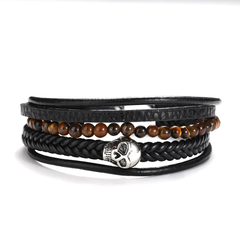 New Braided Wrap Leather Bracelets for Men Vintage Skull Ghost Face Red Tiger eye Beads Ethnic Tribal Wristband Rope Bracelet