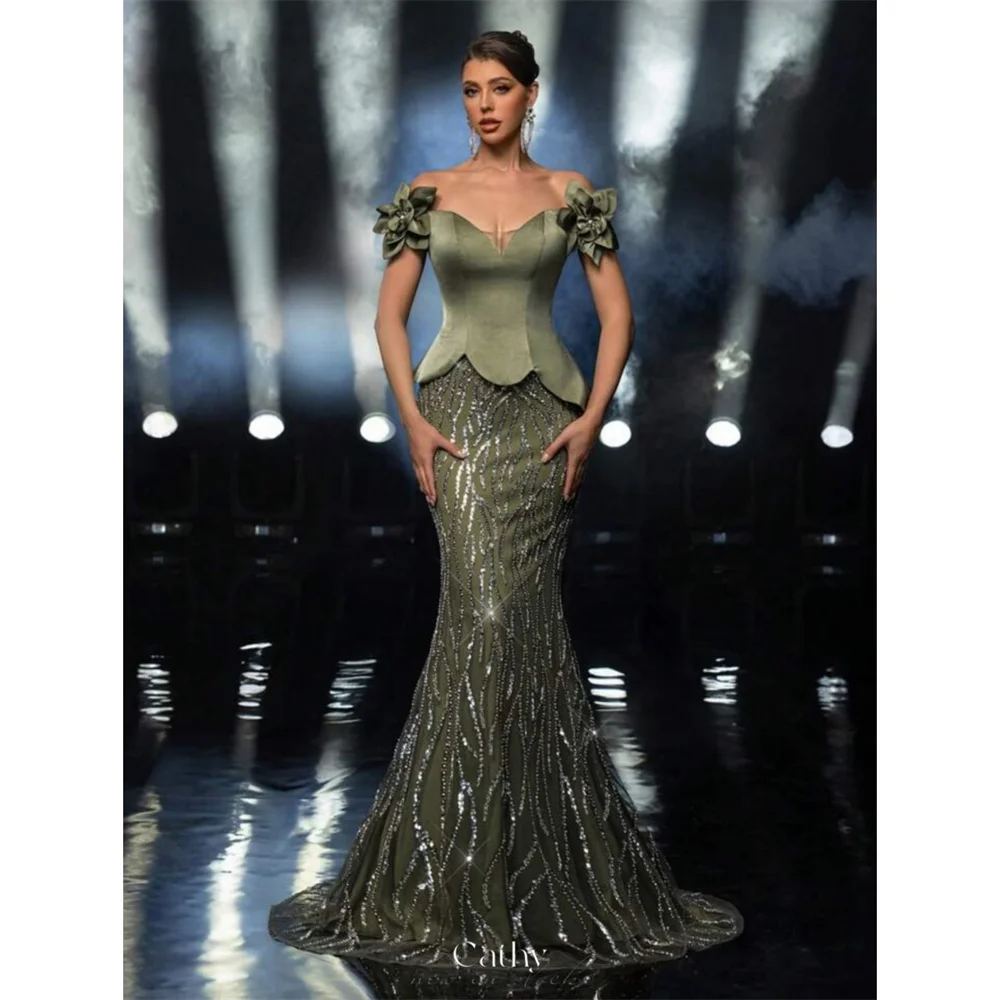 

Cathy индивидуальное зеленое блестящее кружевное платье русалки для выпускного вечера с открытыми плечами и 3D цветами, платья de noiva, вечерние платья длиной до пола, 2025