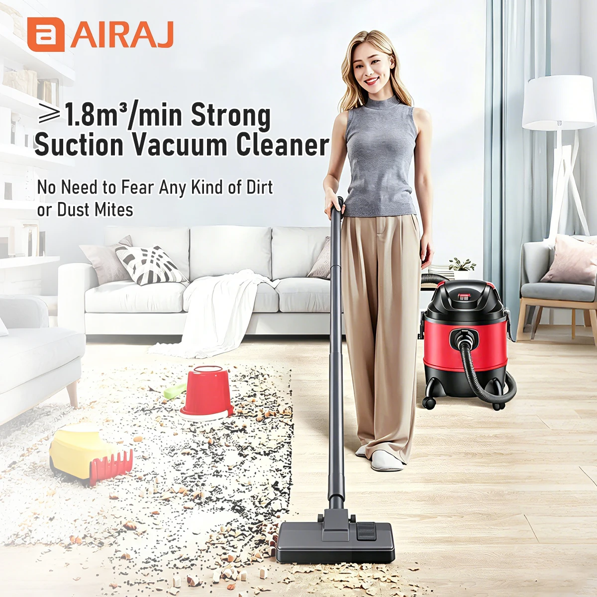 

AIRAJ Electric Vacuum Cleaner 120V 1200W High-power Bucket Dry Wet Blow Vacuum Cleaner Dusting Machine Household Crevice Cleaner