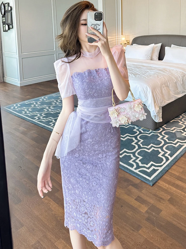 Fairycore Abito in pizzo stile delicato Donna Elegante sexy Viola Sheer Mesh Splice Nastro Aderente Abito Lady Party Data Abiti Mujer
