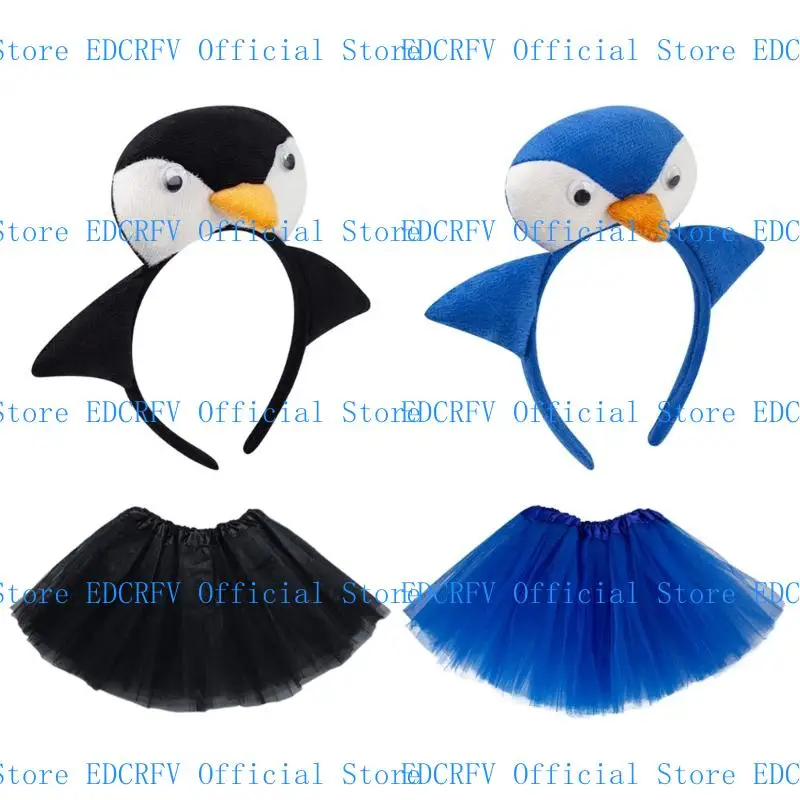 

652F 2Pcs Penguins Costume 3D Penguins Headband Tutu Skirt for Halloween Christmas Cosplay Costume Kids Girls