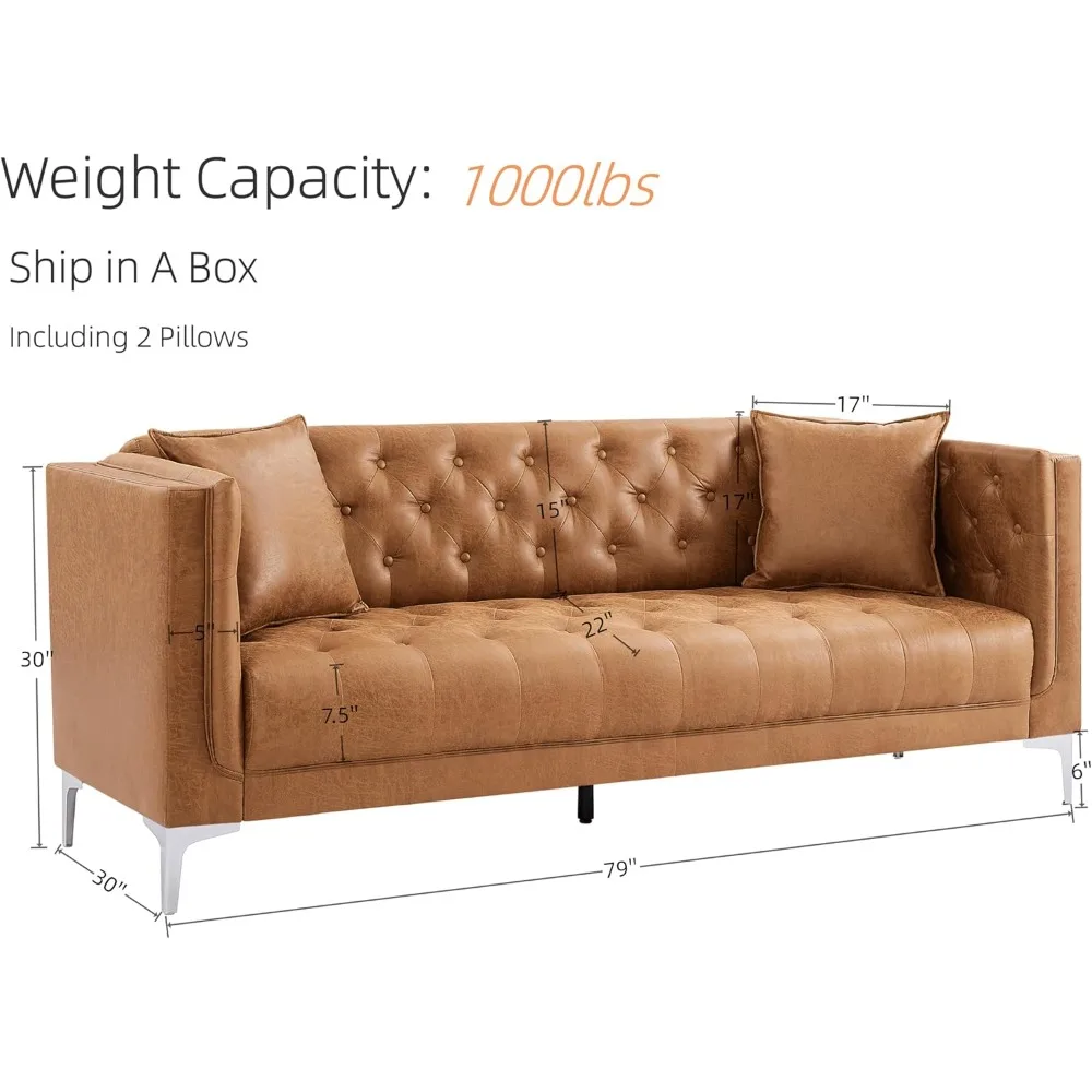 79'' Modern Sofa Couches for Living Room, 3 Seater Sofa with Deep Seats and 2 Pillows, Handmade Button Tufted Leather Couch