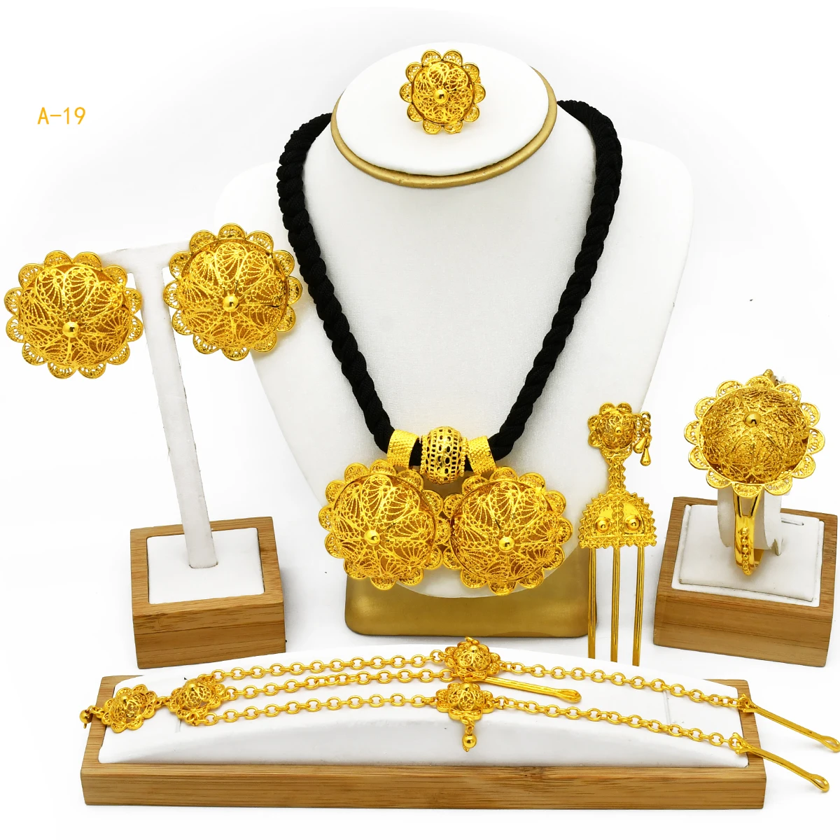 Äthiopische Blumen form vergoldet 6 stücke Schmuck-Sets für Frauen Dubai nigerian ischen Luxus Halskette Schmuck Set Hochzeits feier Geschenke