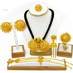 Ethiopian Flower Shape Gold Plated 6pcs Jewelry Sets For Women Dubai Nigerian Luxury Necklace Jewellery Set Wedding Party Gifts