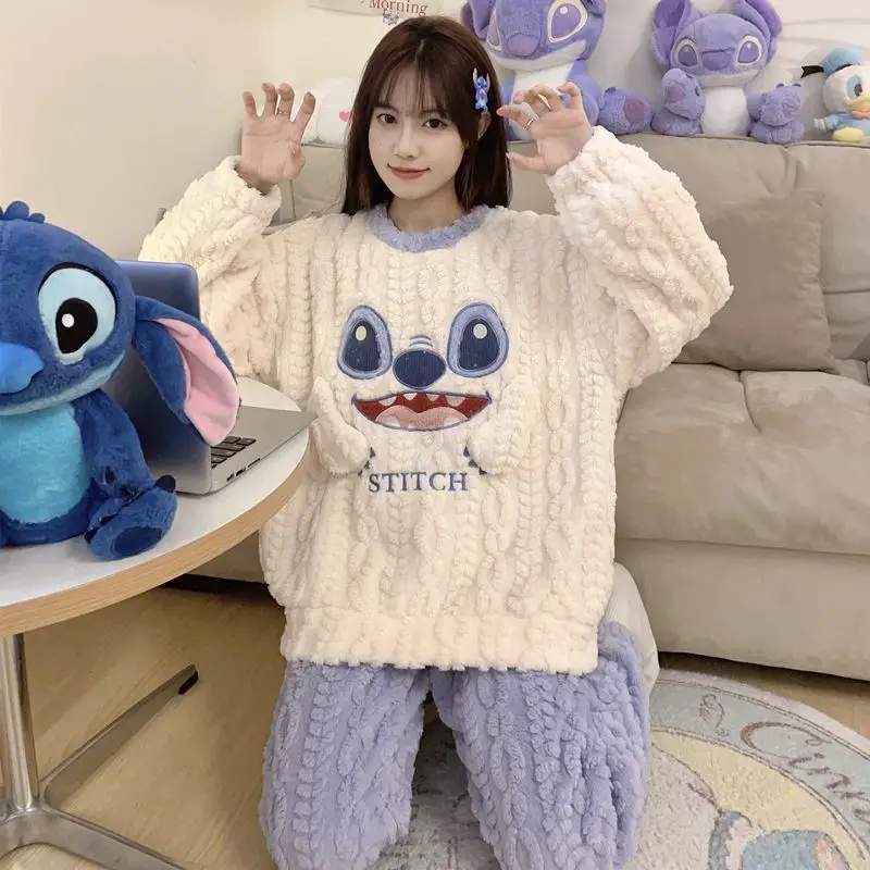 

Disney Stitch Thick Coral Fleece Cartoon Sleepwear Women Autumn Winter Flannel Sweet Dormitory Set Kawaii Design Fashion Pajamas