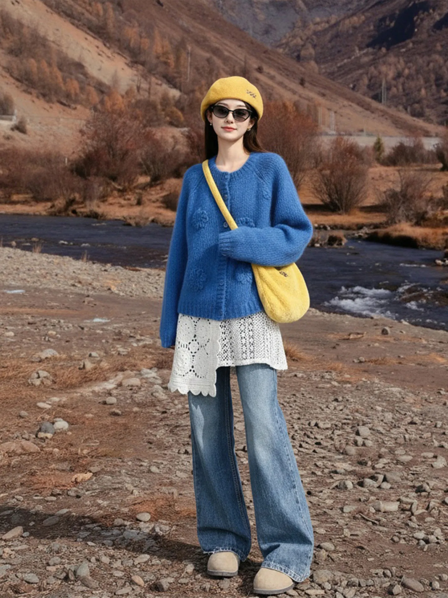 Blue Knitted Set Women's Travel Fashion Autumn 2026 Korean Style Complete OOTD High-End Feeling Loose Fit Long Sleeve round Neck