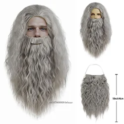 Dumbledore peruki włosy syntetyczne długie kręcone faliste czarodziej szara peruka i broda dla mężczyzn akcesoria Cosplay Party kostium na Halloween