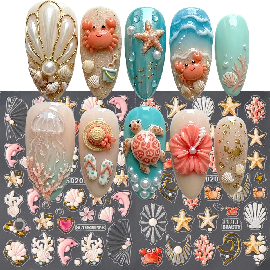 

2pcs 5D Embossed Ocean Nail Art Stickers 3D Decals Starfish Coral Seashell Dolphin Crab Summer Beach Nail Decorations Manicure