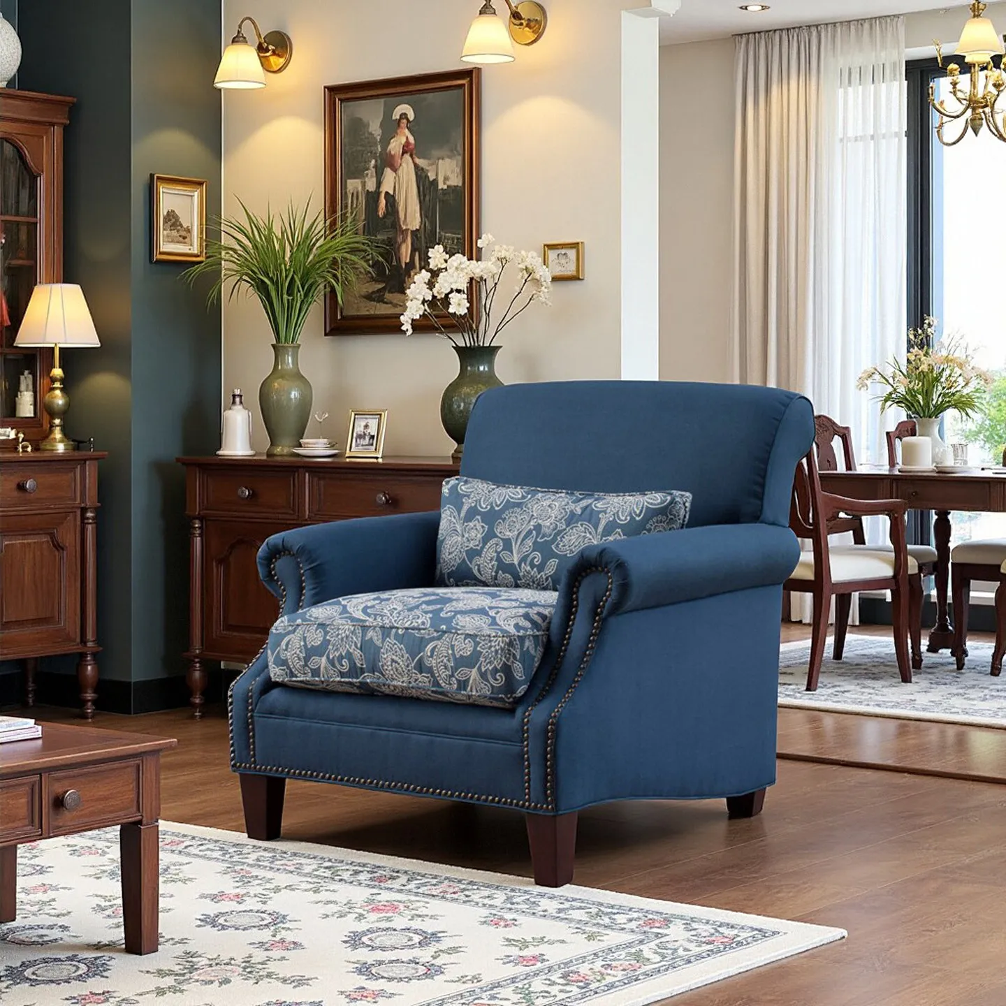 DSA navy blue cotton and linen jacquard fabric single sofa chair villa casual and simple