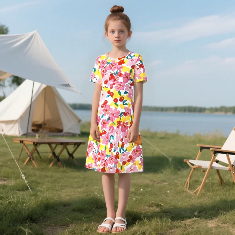 

2025 Girls' Vitality Floral Print Short Sleeve Medium and Long Dress - Kids Bohemian Summer Casual Dress (Beach & Camping Wear)