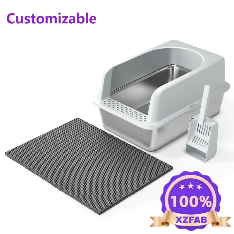 Factory Direct 2026 Stainless steel cat litter basin, oversized semi-closed, easy to clean, thickened and anti-splash corrosion
