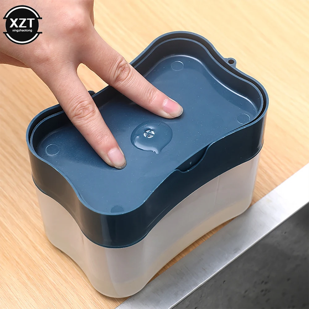 2 in 1 Scrubbing Liquid Detergent Dispenser Press-Type Liquid Soap Box Pump Organizer Sponge Kitchen and Bathroom Tools