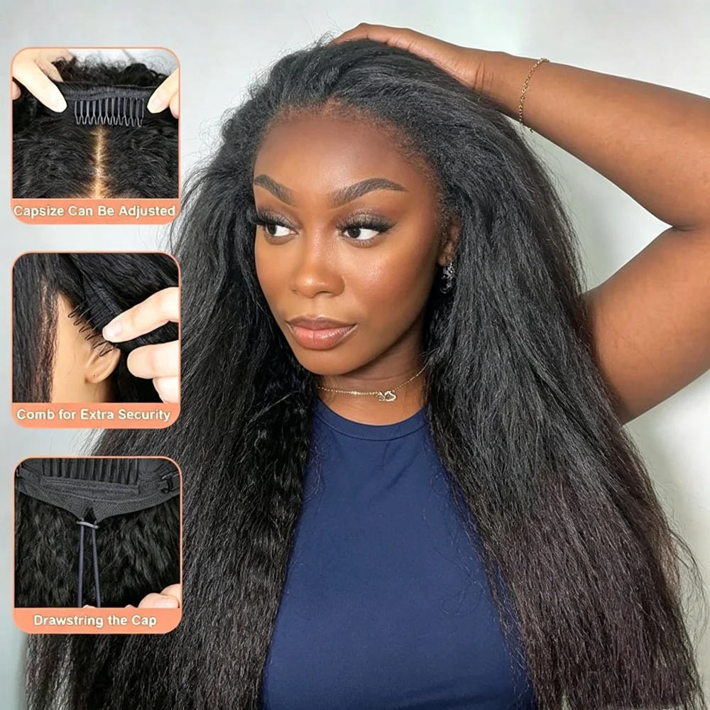 

Kinky Straight 3 In 1 Half Wig Human Hair For Women 200% Density Glueless No Lace Flip Over Half Wig Beginner Friendly Seamless Clip In Wigs