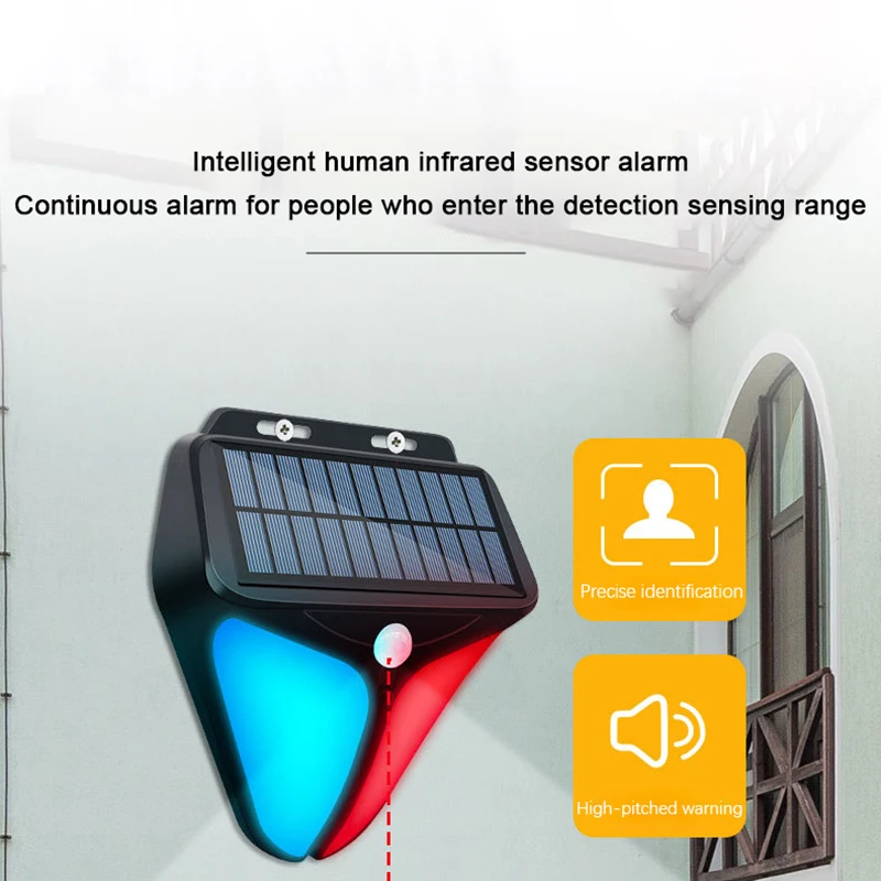 Luces de alarma solares para exteriores, sistema de seguridad de 4 modos, detección de cuerpo humano, sonido y luz de advertencia para pared, jardín